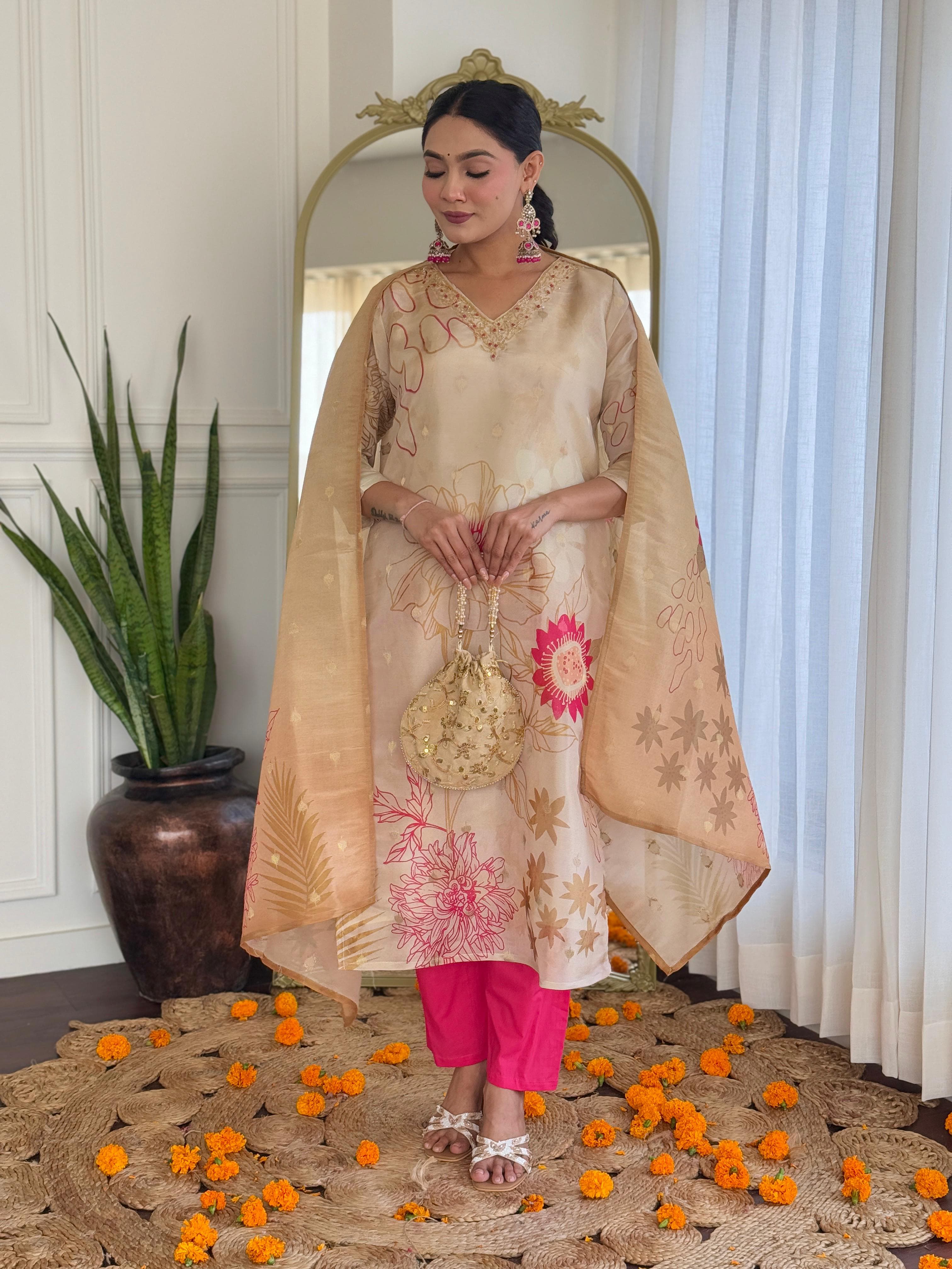 Women  Beige Pure Simmer Jacquard Kurta Pant and Dupatta set