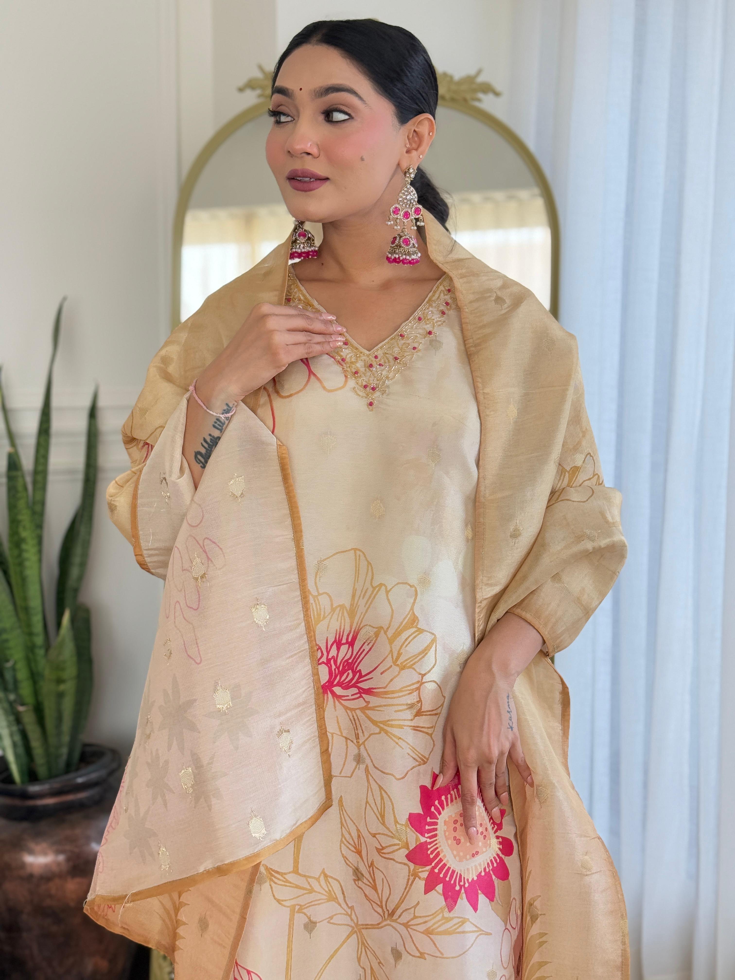 Women  Beige Pure Simmer Jacquard Kurta Pant and Dupatta set
