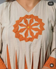 Women Cream Cotton Dark Orange Motif Kurta Pant set