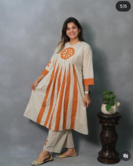 Women Cream Cotton Dark Orange Motif Kurta Pant set