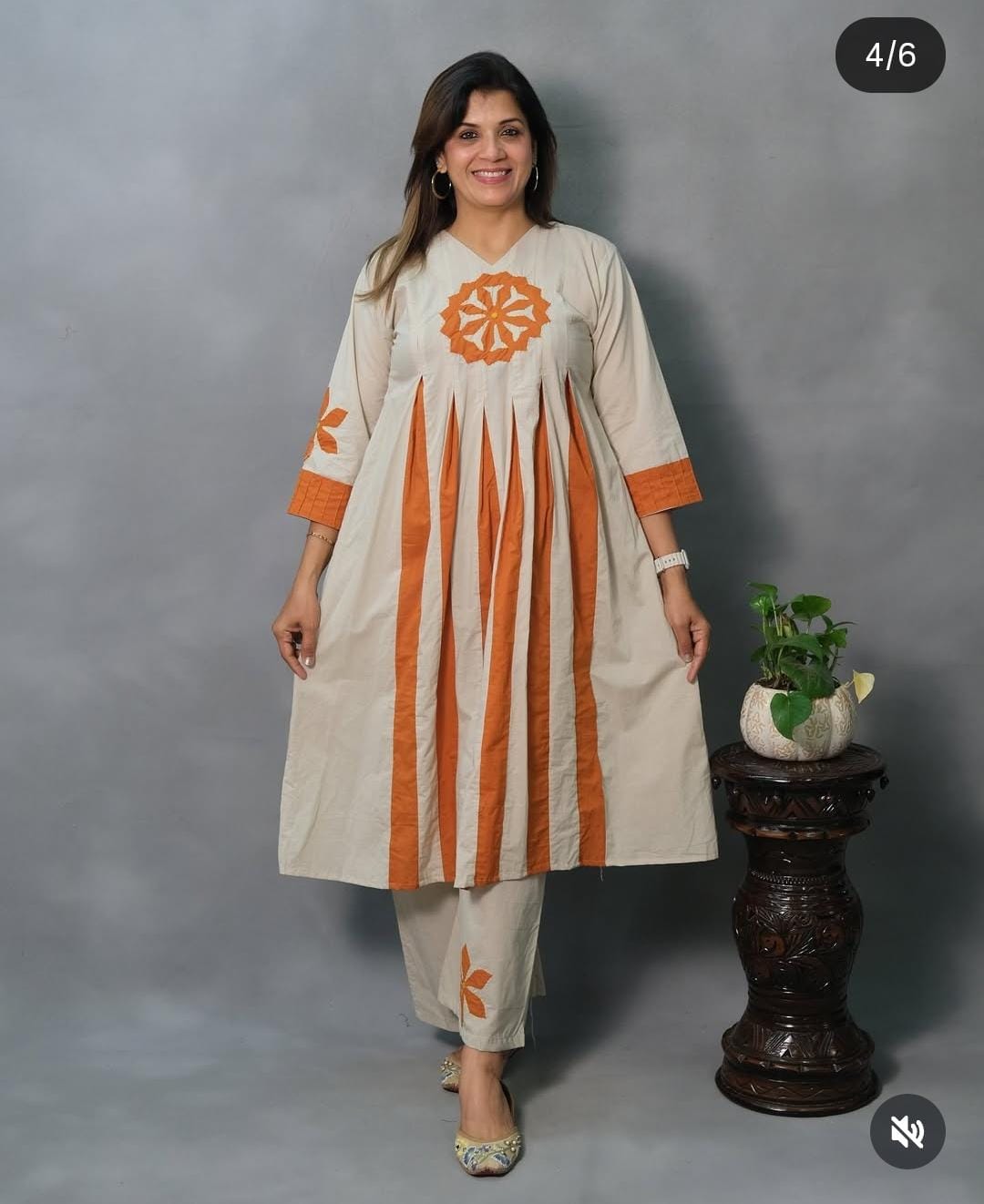 Women Cream Cotton Dark Orange Motif Kurta Pant set