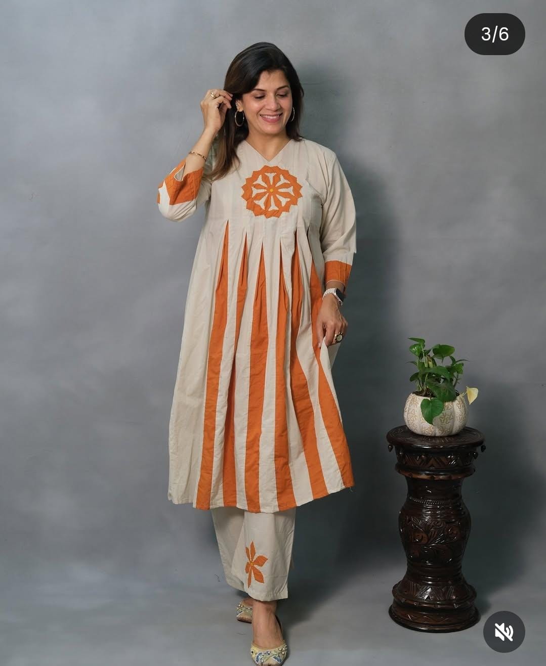 Women Cream Cotton Dark Orange Motif Kurta Pant set