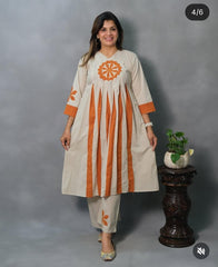 Women Cream Cotton Dark Orange Motif Kurta Pant set