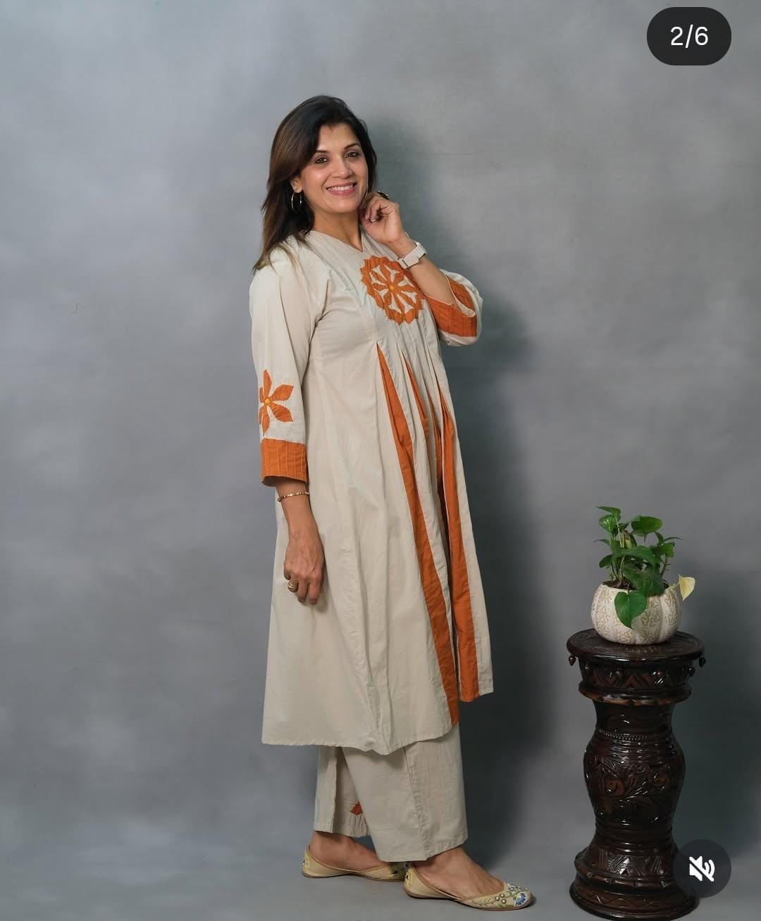 Women Cream Cotton Dark Orange Motif Kurta Pant set