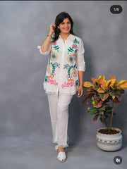 Women White Cotton Embroidery Co-Ord set