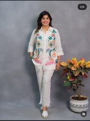 Women White Cotton Embroidery Co-Ord set