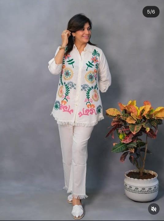 Women White Cotton Embroidery Co-Ord set