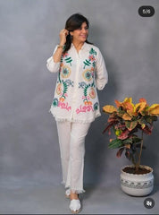 Women White Cotton Embroidery Co-Ord set