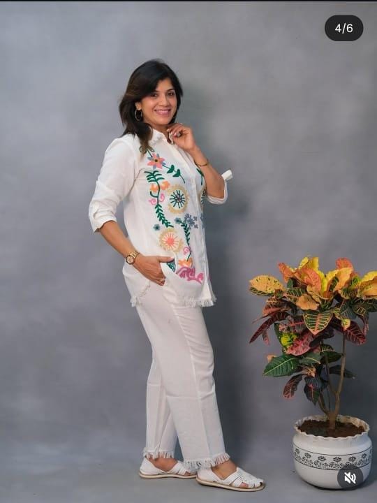 Women White Cotton Embroidery Co-Ord set
