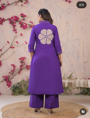 Women Purple Cotton Aari Embroidery Kurta Pant set