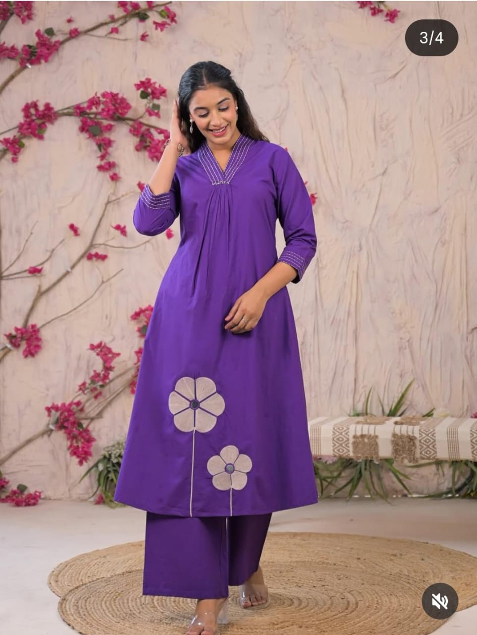 Women Purple Cotton Aari Embroidery Kurta Pant set