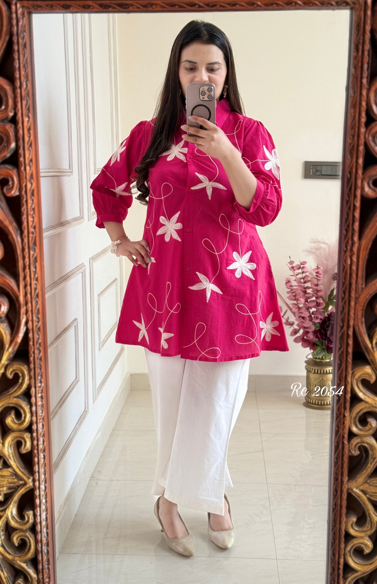 Women Pink Cotton Star Embroidery Co-Ord set