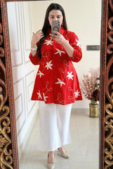 Women Red Cotton Star Embroidery Co-Ord set