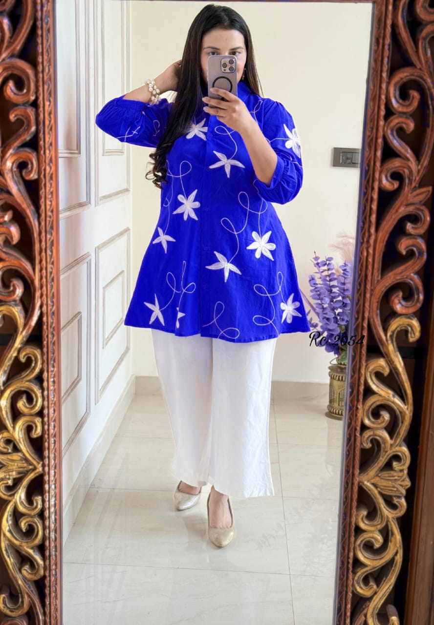 Women Blue Cotton Star Embroidery Co-Ord set