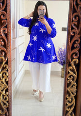 Women Blue Cotton Star Embroidery Co-Ord set