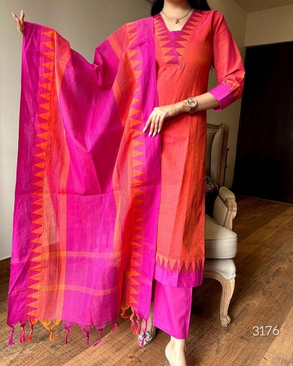 Premium South Handloom Cotton Temple border Reddish-Orange Kurta Pant and Dupatta set