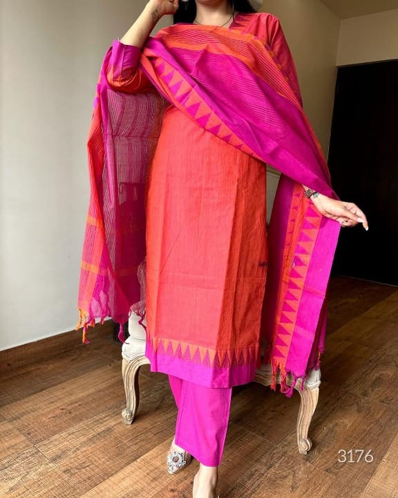 Premium South Handloom Cotton Temple border Reddish-Orange Kurta Pant and Dupatta set