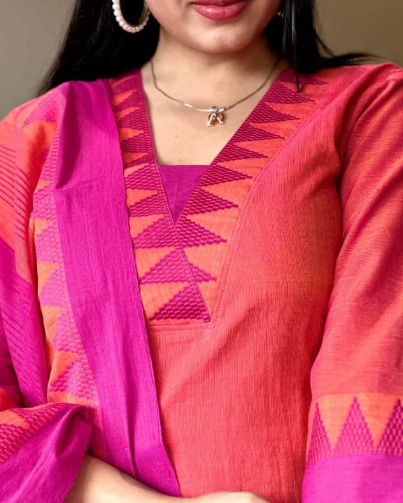Premium South Handloom Cotton Temple border Reddish-Orange Kurta Pant and Dupatta set