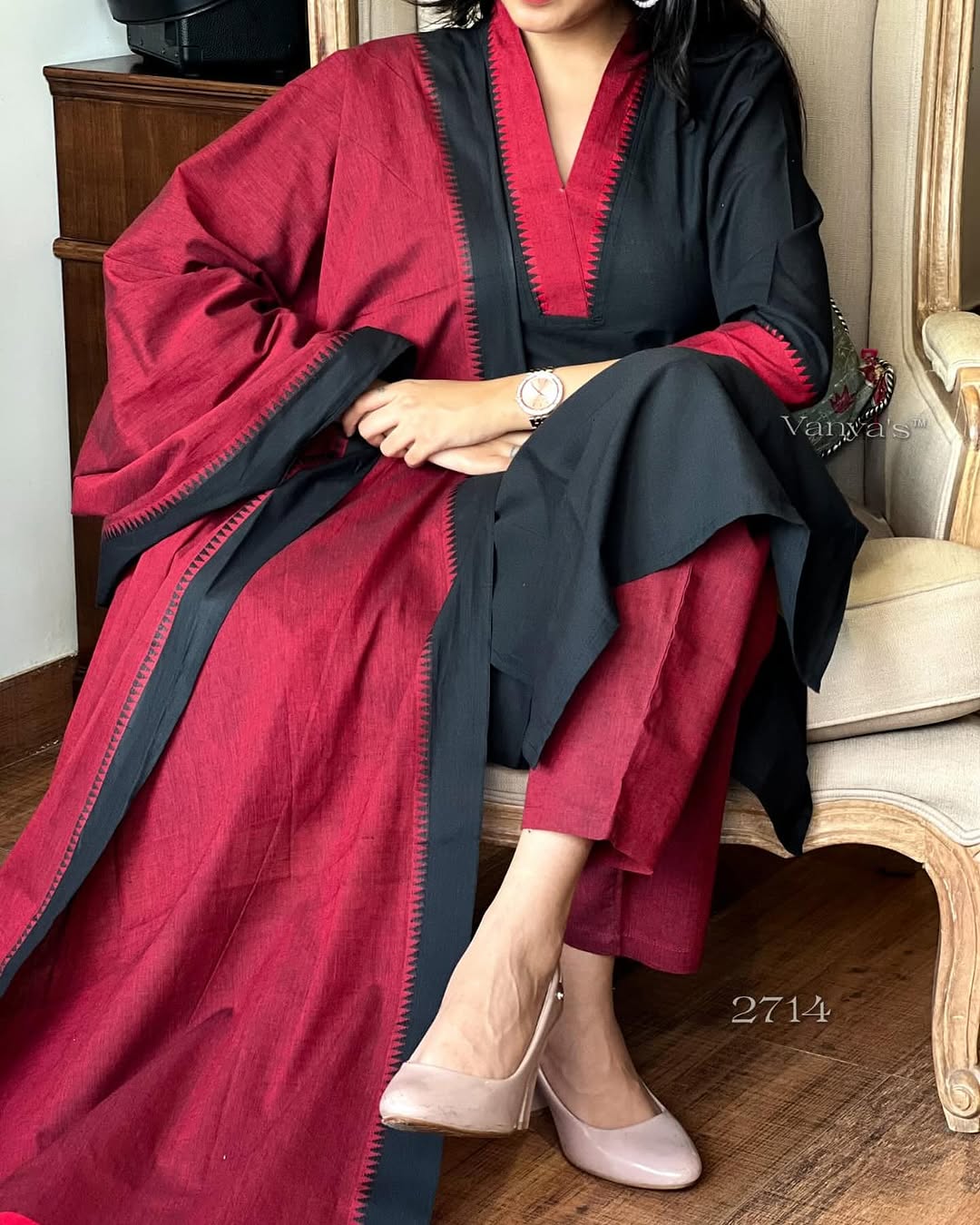 Premium South Cotton Black Kurta Pant and Dupatta set