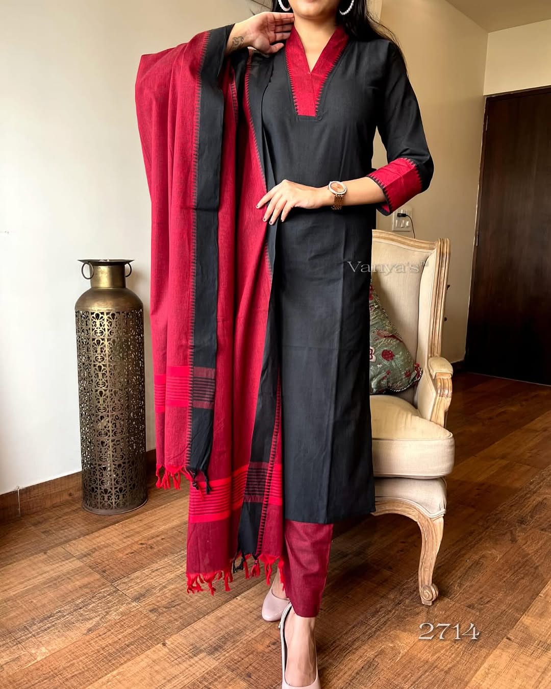 Premium South Cotton Black Kurta Pant and Dupatta set