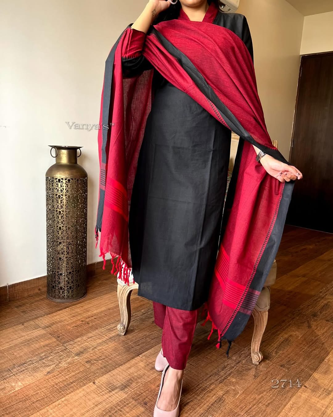 Premium South Cotton Black Kurta Pant and Dupatta set