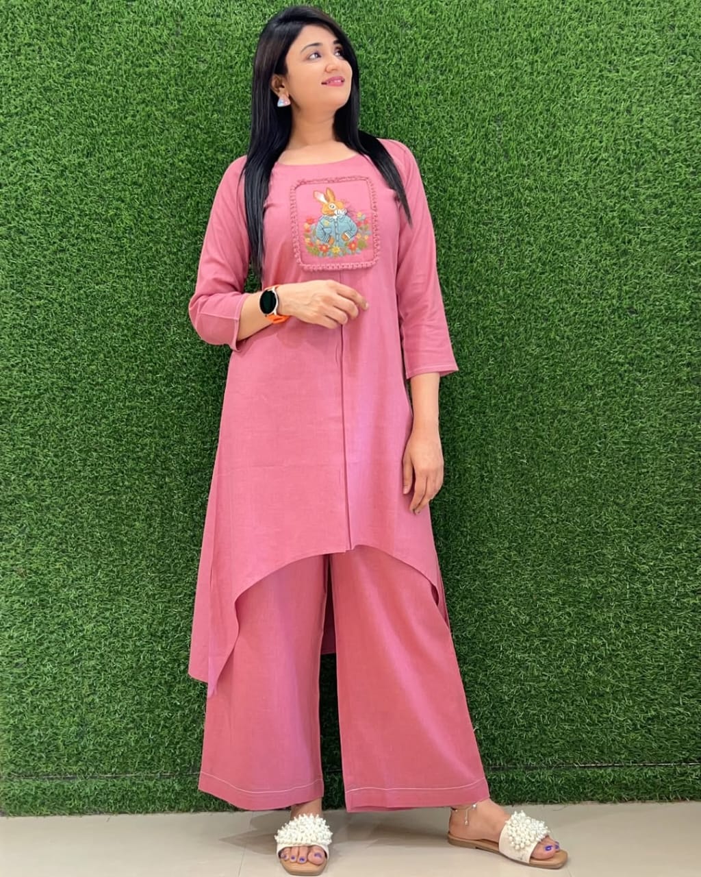 Women Pink Cotton Bunny Embroidery Co-Ord set