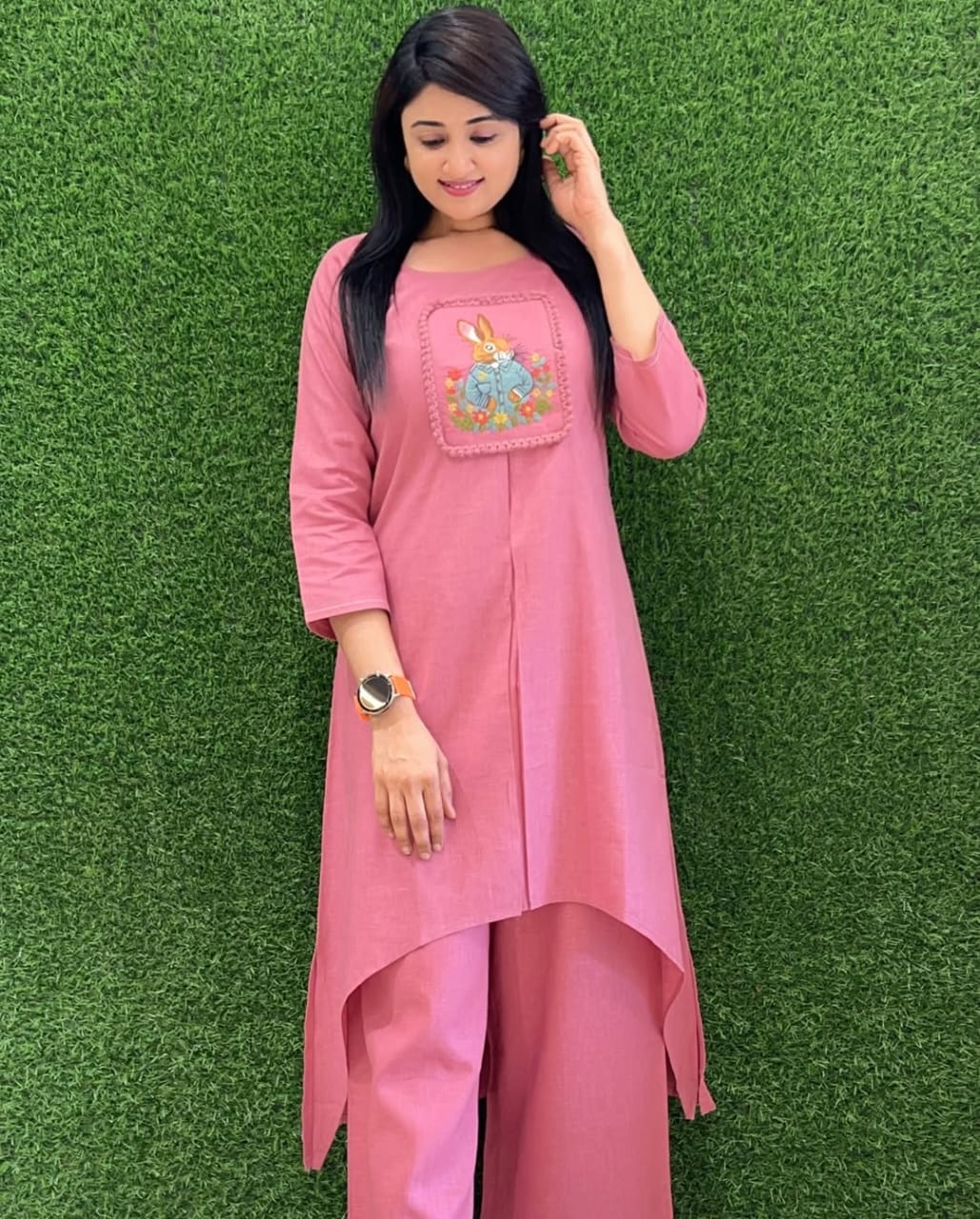 Women Pink Cotton Bunny Embroidery Co-Ord set