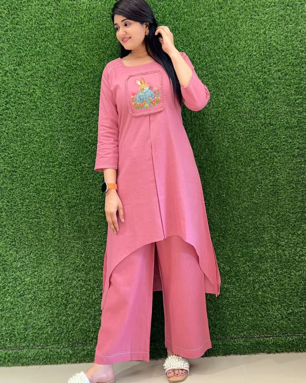 Women Pink Cotton Bunny Embroidery Co-Ord set
