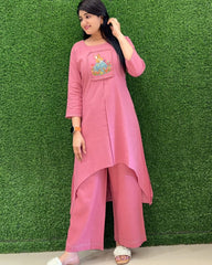 Women Pink Cotton Bunny Embroidery Co-Ord set