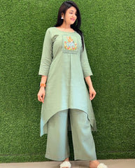 Women Green Cotton Bunny Embroidery Co-Ord set