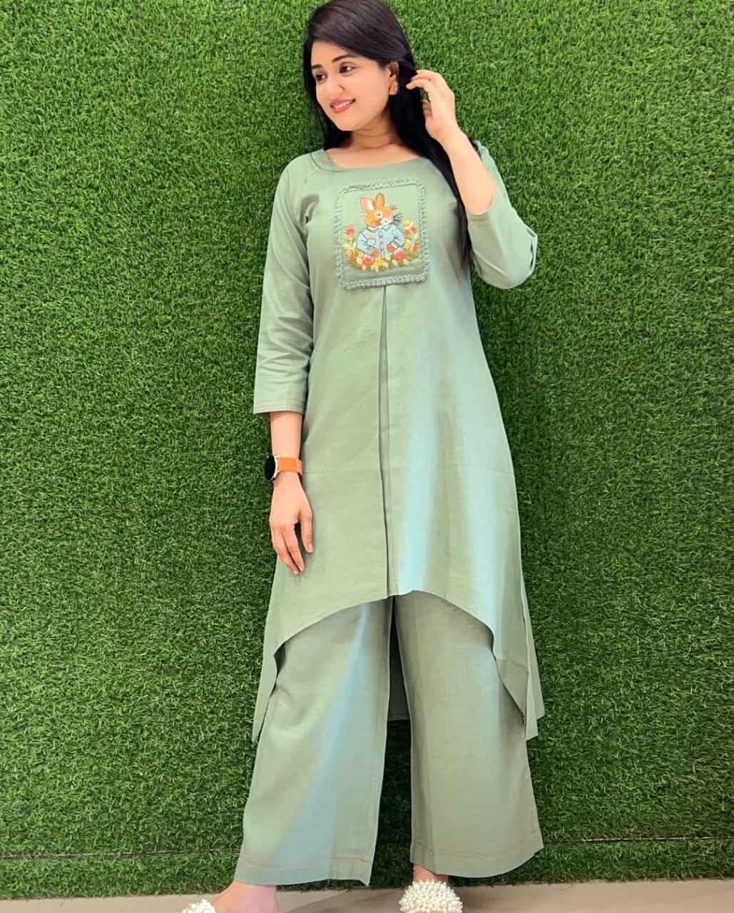 Women Green Cotton Bunny Embroidery Co-Ord set