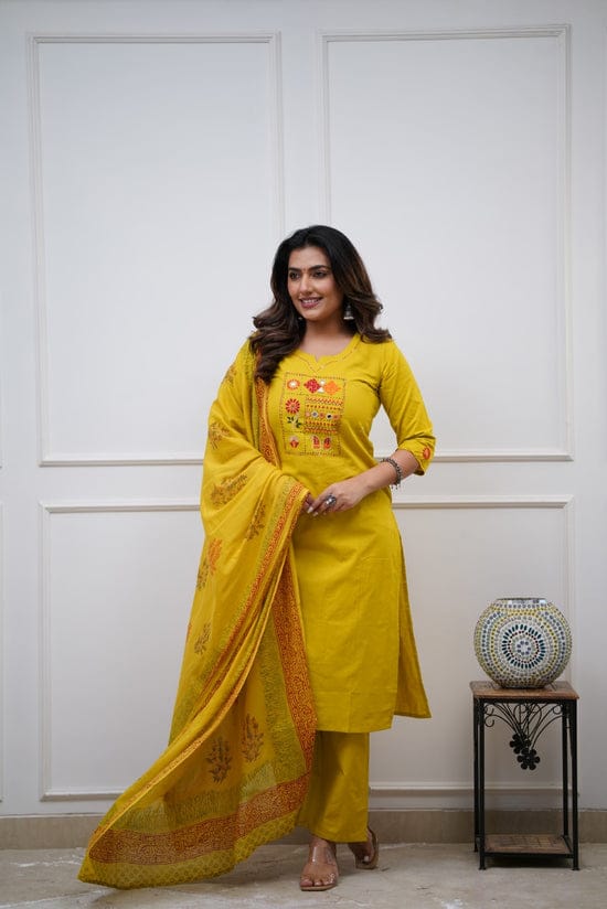 Women Yellow Cotton Embroidery Kurta Pant and Cotton Dupatta Set