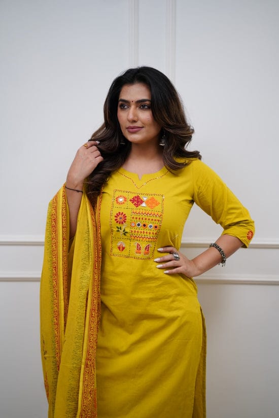 Women Yellow Cotton Embroidery Kurta Pant and Cotton Dupatta Set