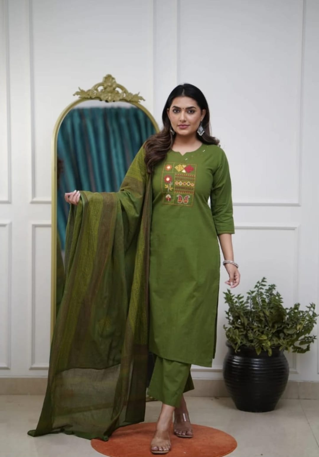 Women Green Cotton Embroidery Kurta Pant and Cotton Dupatta Set