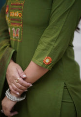 Women Green Cotton Embroidery Kurta Pant and Cotton Dupatta Set