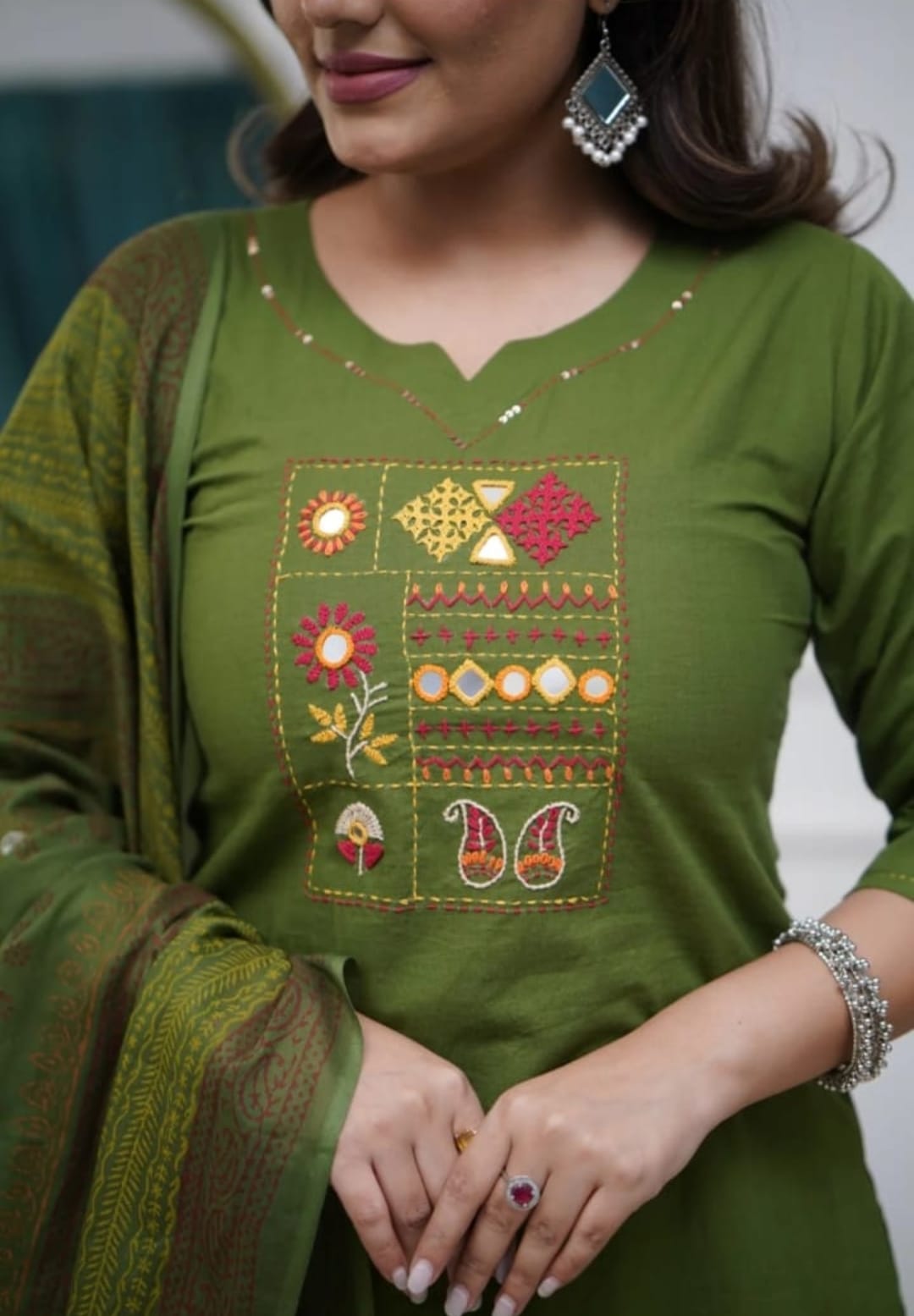 Women Green Cotton Embroidery Kurta Pant and Cotton Dupatta Set