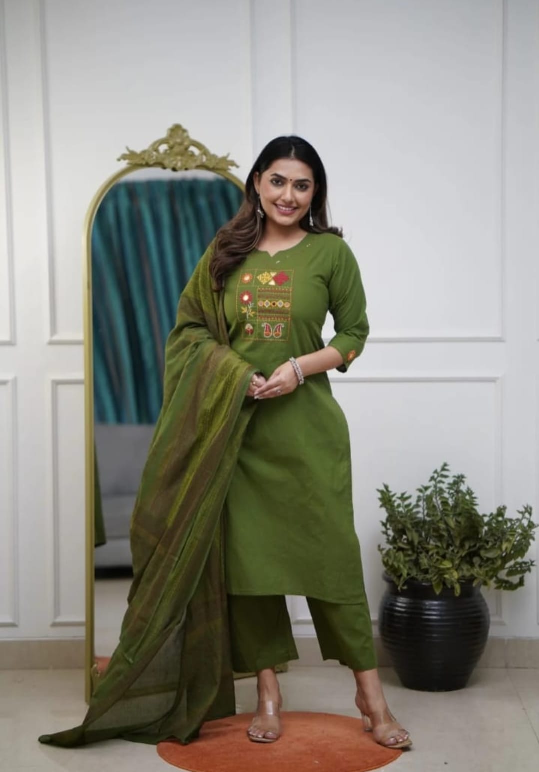 Women Green Cotton Embroidery Kurta Pant and Cotton Dupatta Set