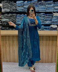 Women Teal Blue Cotton Embroidery Kurta Pant and Dupatta set