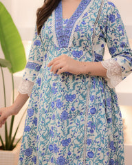 Women Blue Cotton Luxury Kurta Pant and Dupatta set