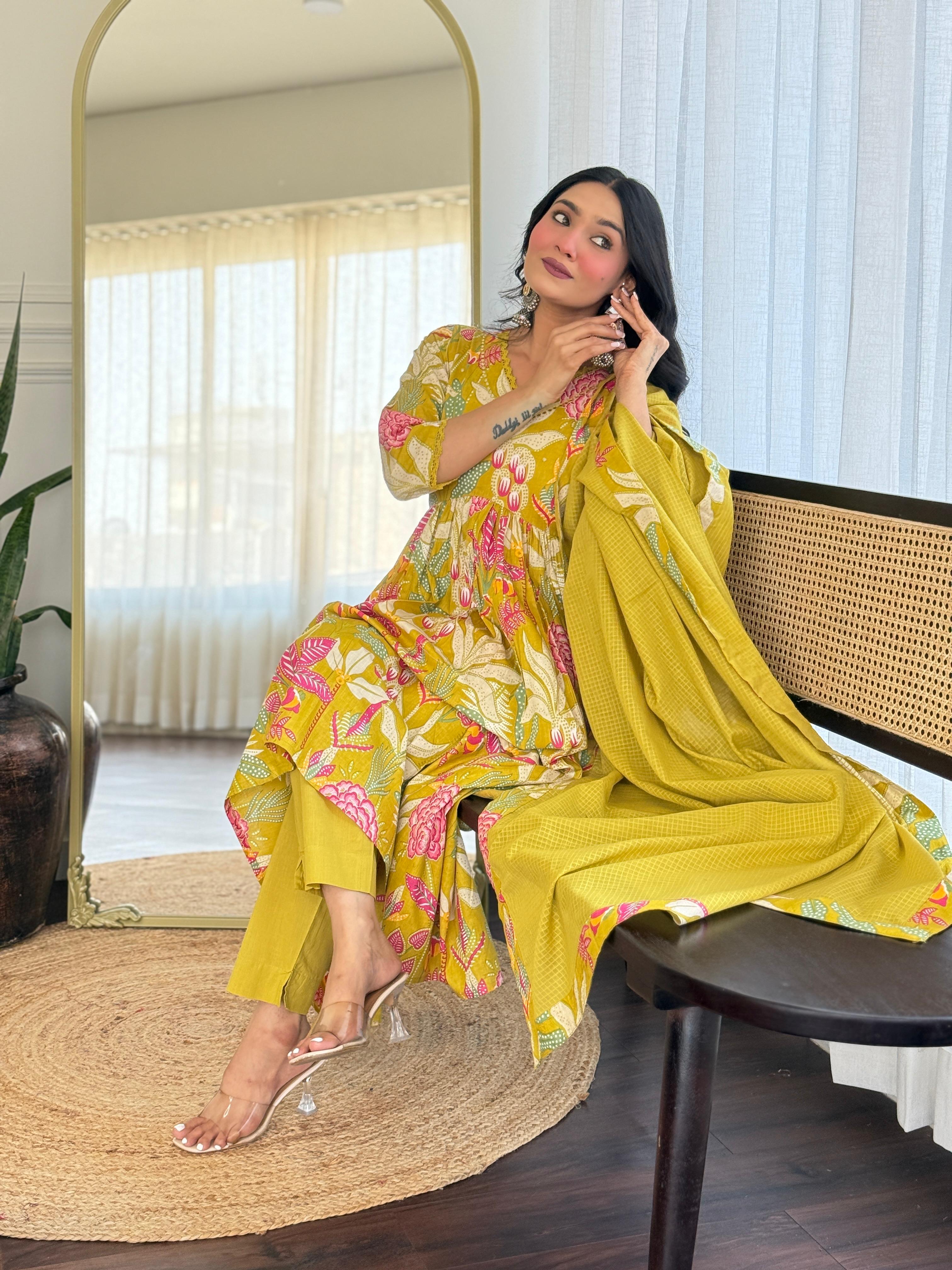 Women Yellow Multicolor Cotton Tussle Kurta Pant and Dupatta set