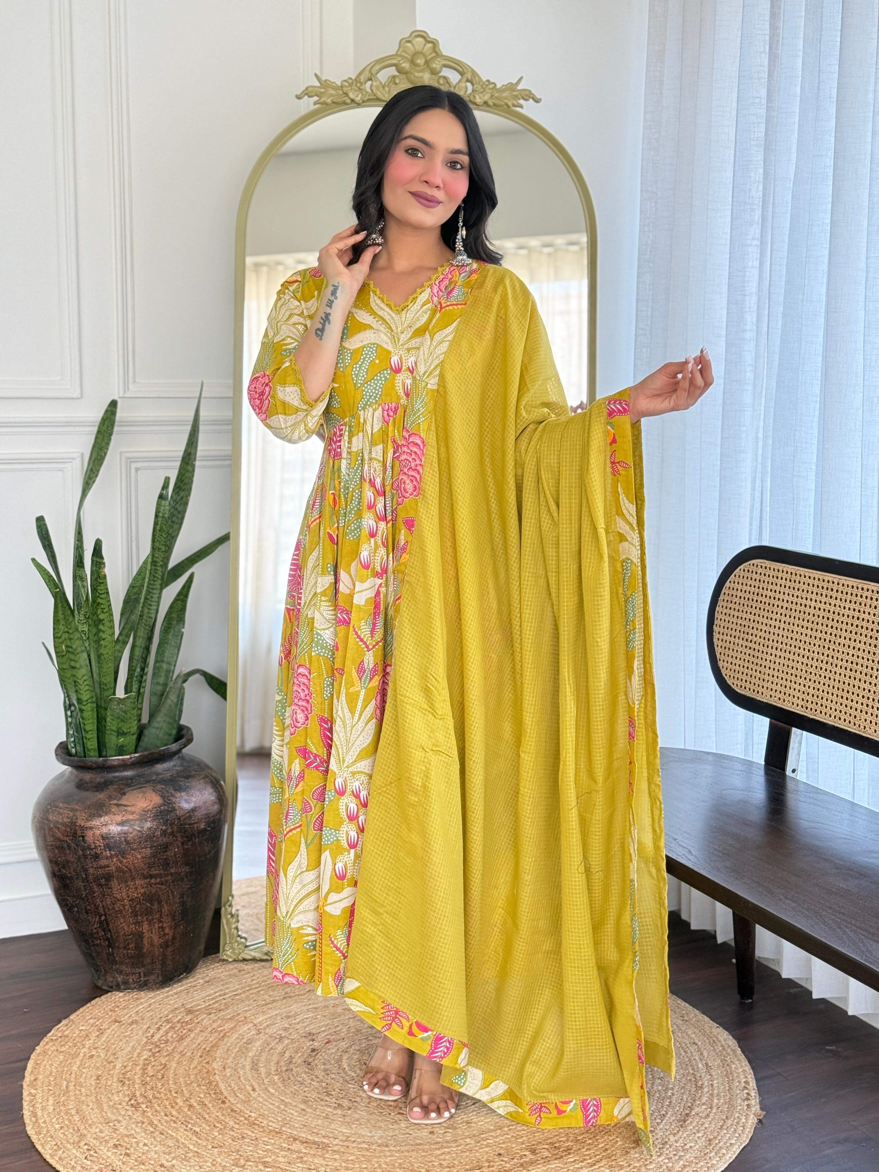 Women Yellow Multicolor Cotton Tussle Kurta Pant and Dupatta set