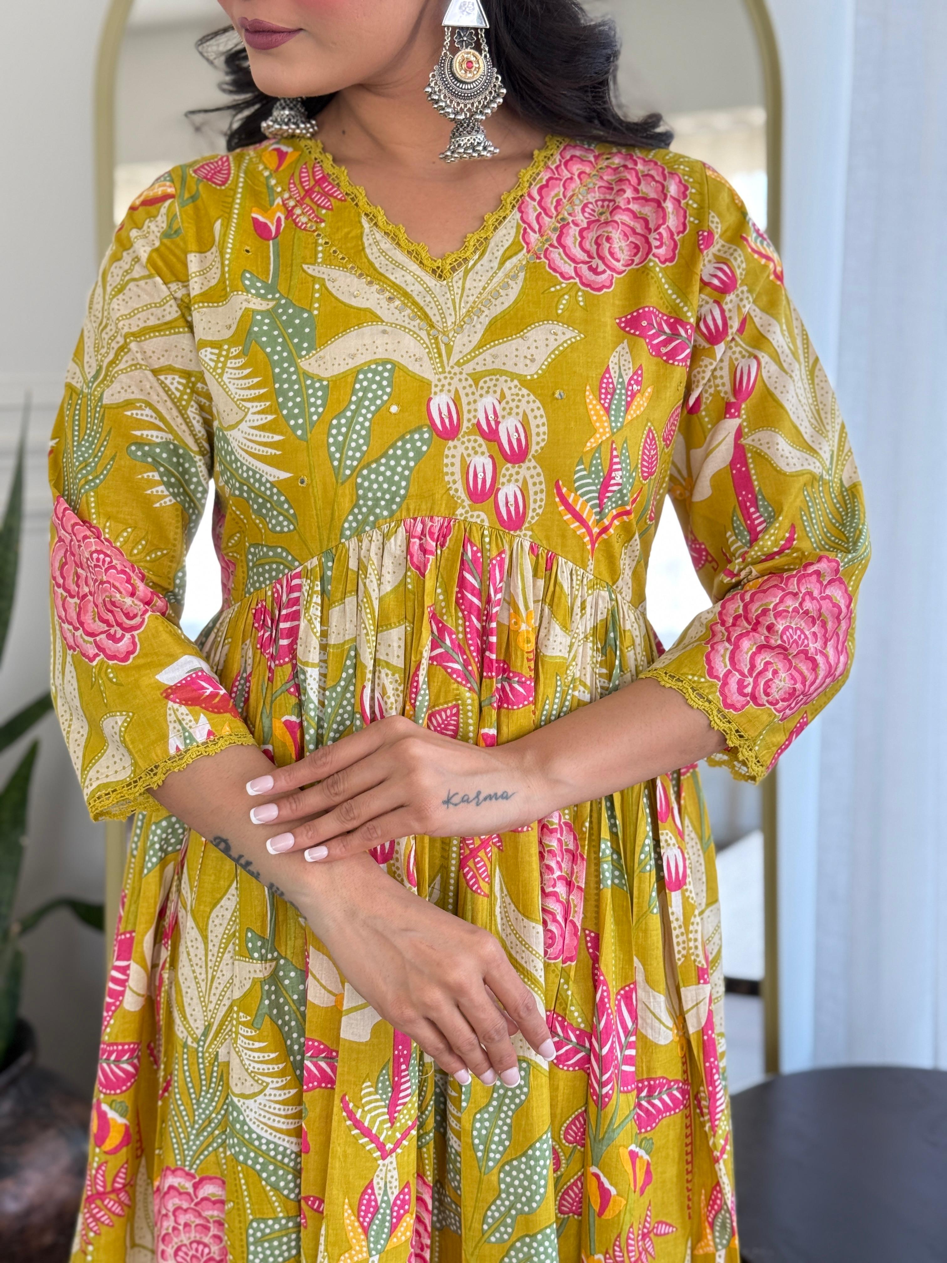 Women Yellow Multicolor Cotton Tussle Kurta Pant and Dupatta set