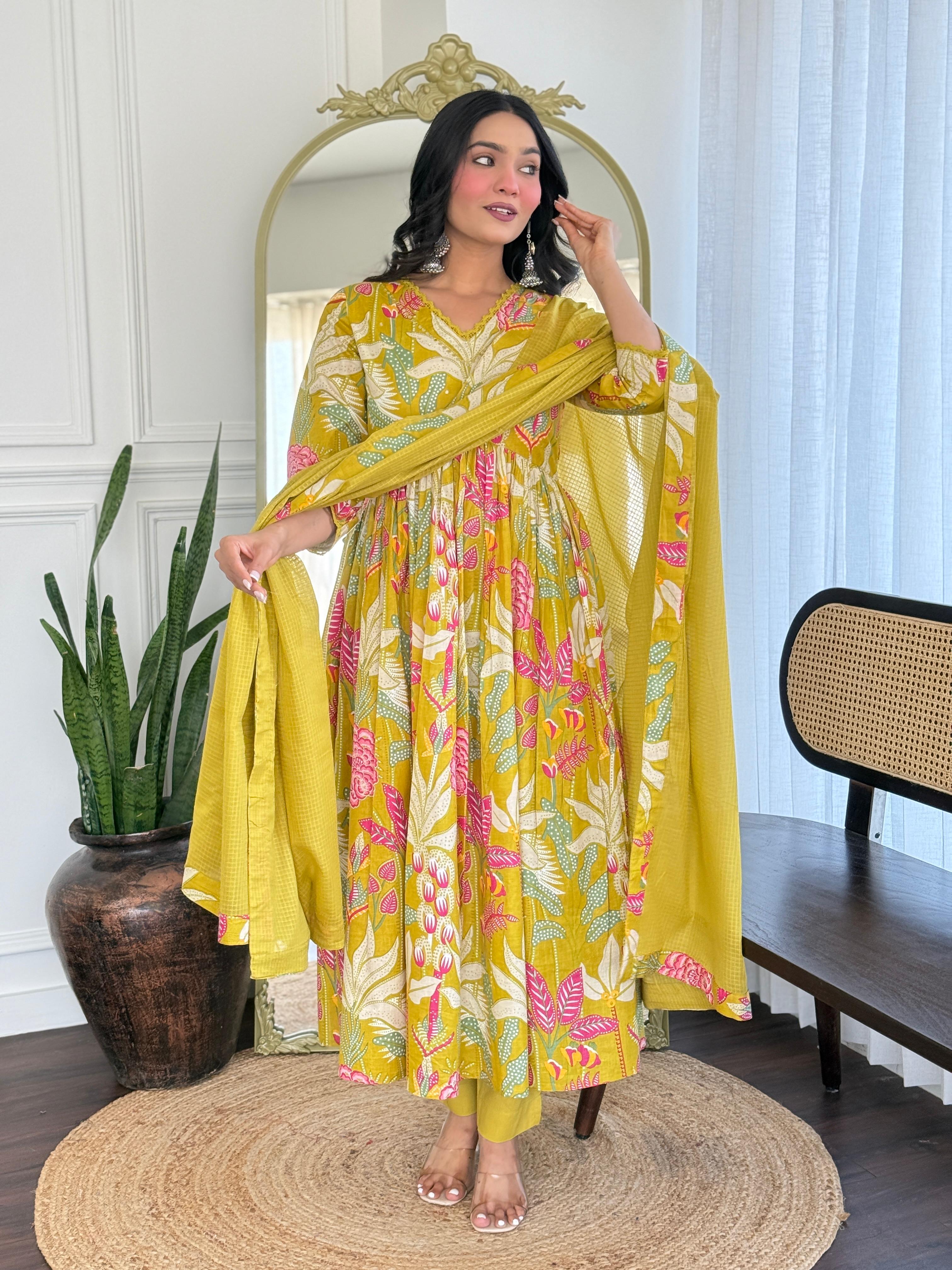 Women Yellow Multicolor Cotton Tussle Kurta Pant and Dupatta set