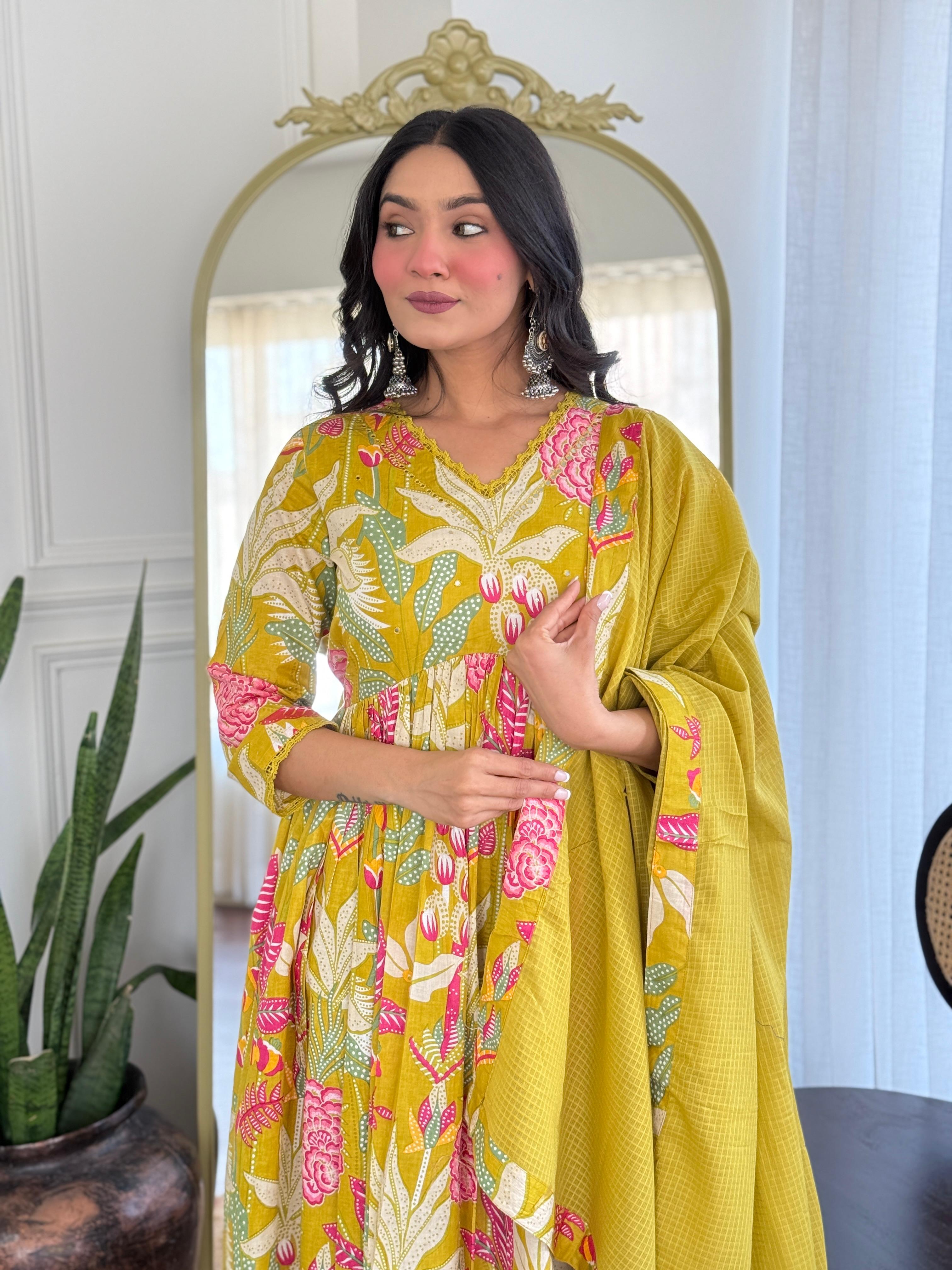 Women Yellow Multicolor Cotton Tussle Kurta Pant and Dupatta set