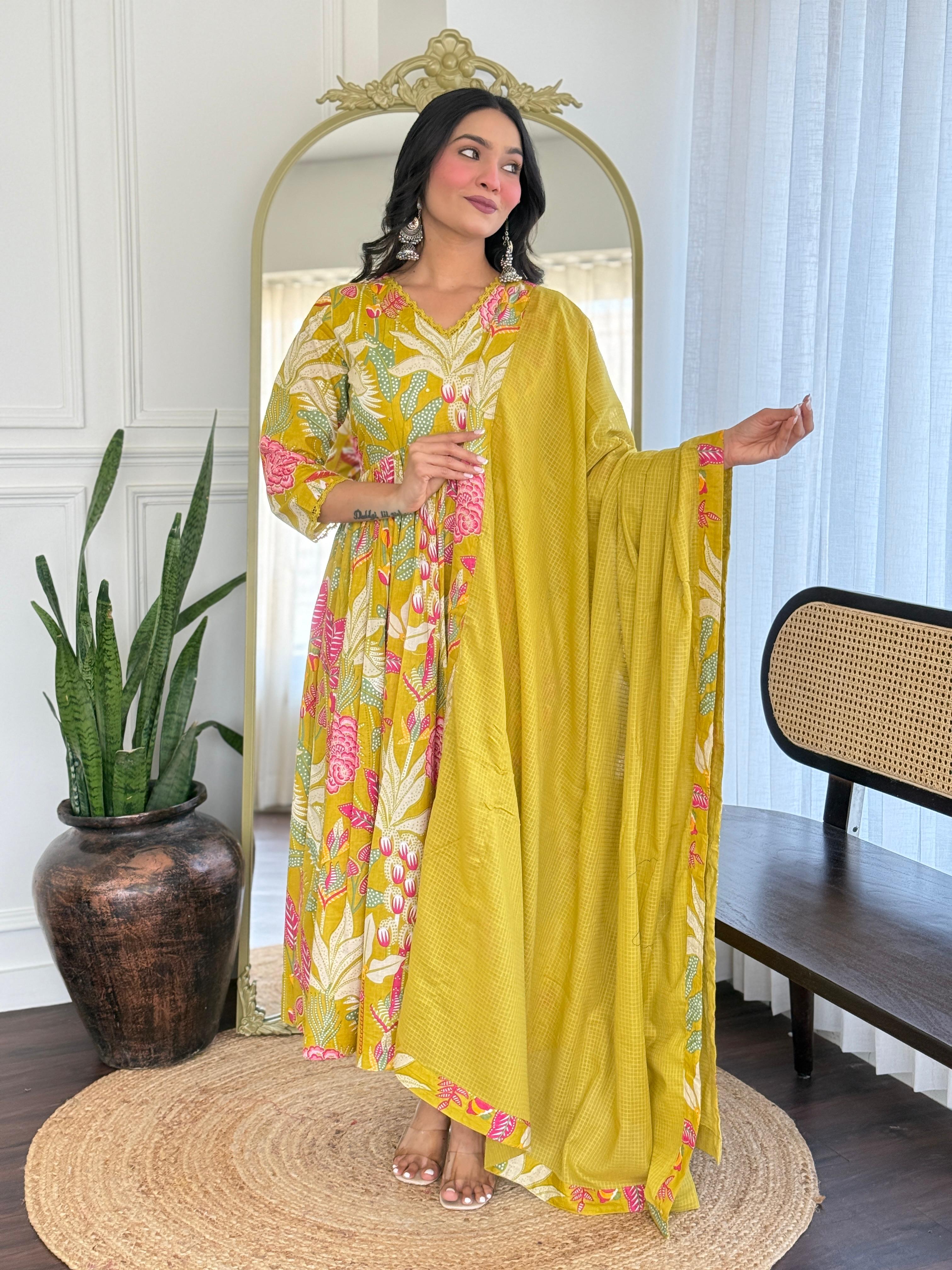 Women Yellow Multicolor Cotton Tussle Kurta Pant and Dupatta set