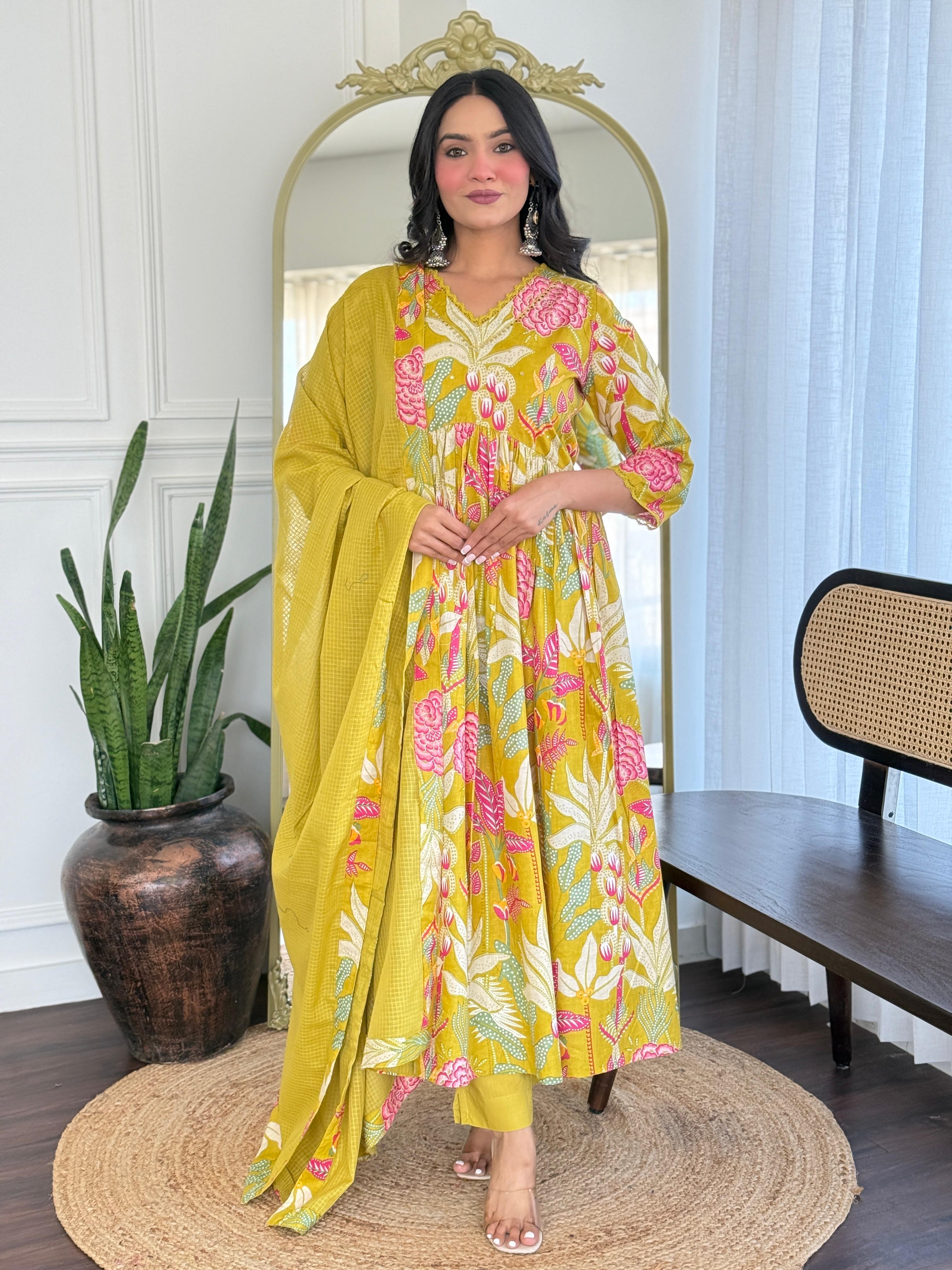 Women Yellow Multicolor Cotton Tussle Kurta Pant and Dupatta set
