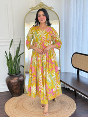 Women Yellow Multicolor Cotton Tussle Kurta Pant and Dupatta set