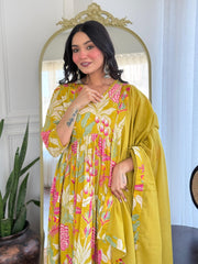 Women Yellow Multicolor Cotton Tussle Kurta Pant and Dupatta set