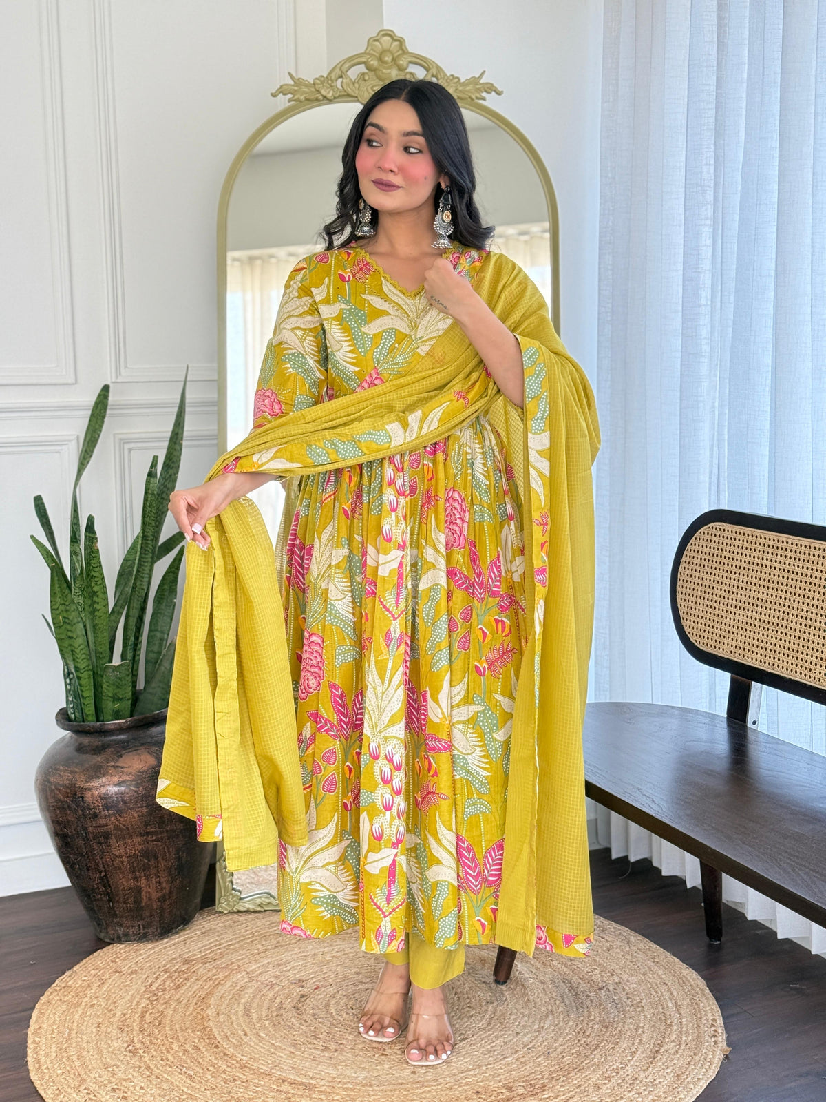 Women Yellow Multicolor Cotton Tussle Kurta Pant and Dupatta set