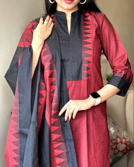 Premium South Handloom Cotton Temple border Red Kurta Pant and Dupatta set
